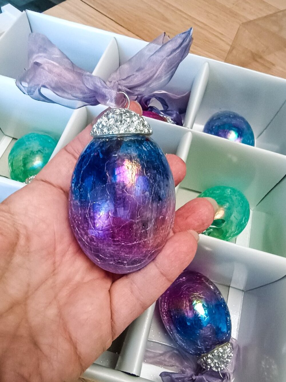 VTG Kugel-Style Egg-Shape Christmas Ornaments Iridescent Crackled Set 9 Orig Box